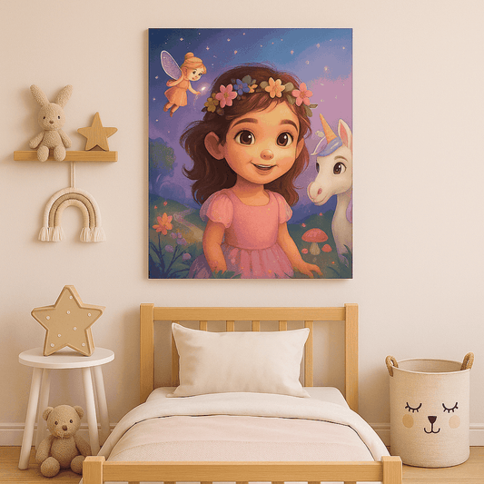 Custom Storybook Poster on a child's bedroom wall featuring their name and illustrated character