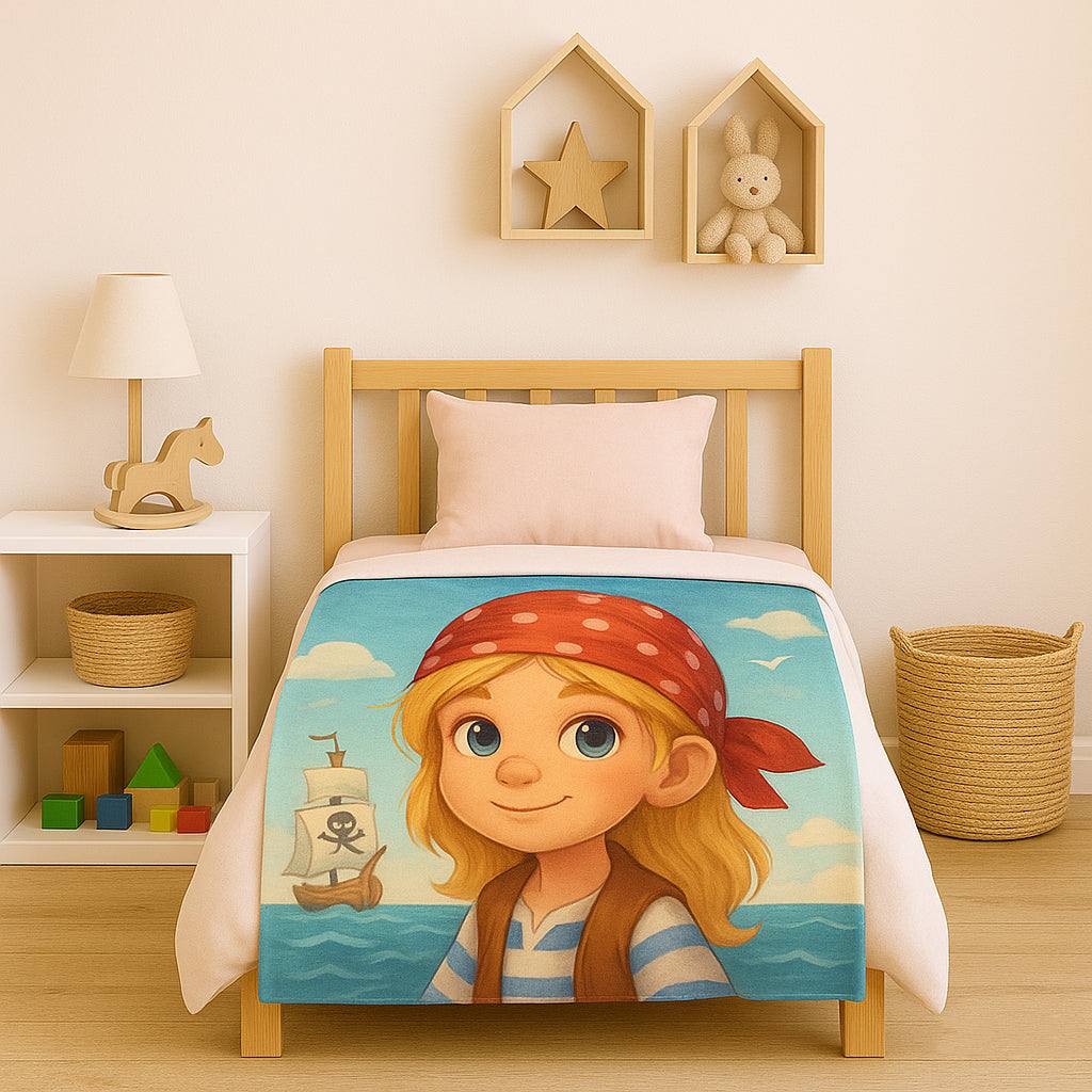 Child wrapped in a Custom Storybook Blanket featuring their name and story