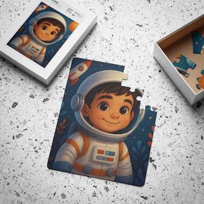 Boxed Custom Kids Puzzle next to assembled puzzle with child’s custom illustration and name